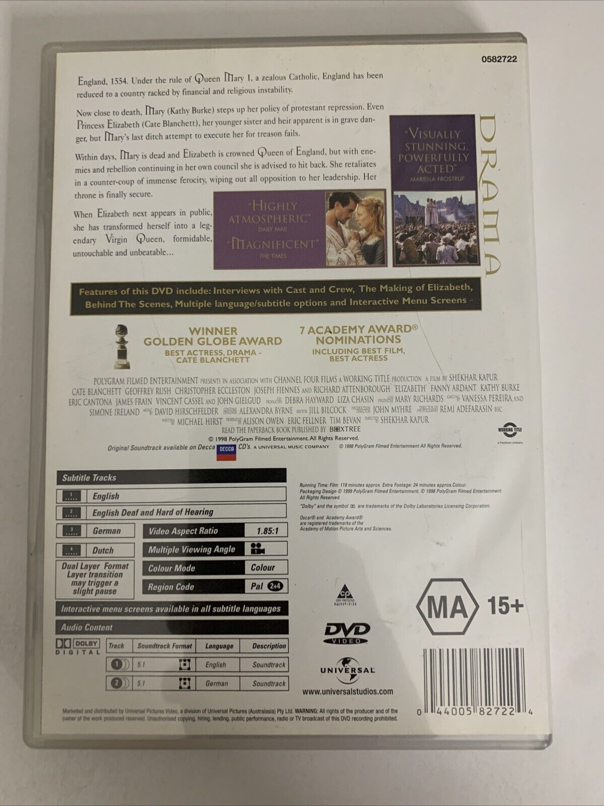 Elizabeth (DVD, 1998) Cate Blanchett, Geoffrey Rush  Region 4