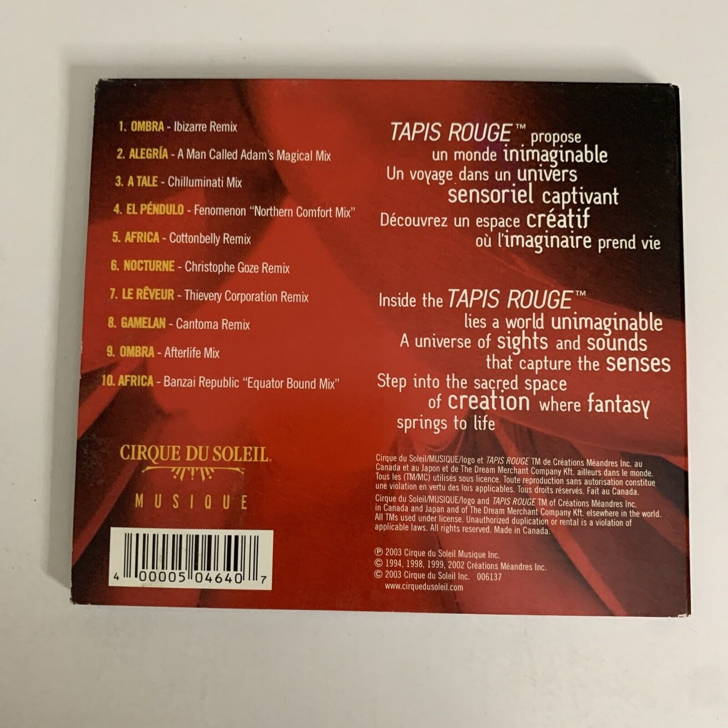Cirque Du Soleil – Tapis Rouge: Solarium (CD, 2003) Album Digipak