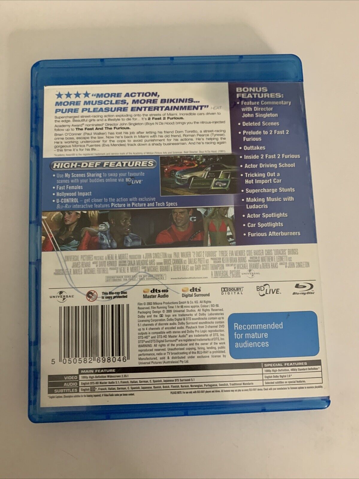2 Fast 2 Furious (Blu-ray, 2003) Eva Mendes, Cole Hauser, Paul Walker Region B