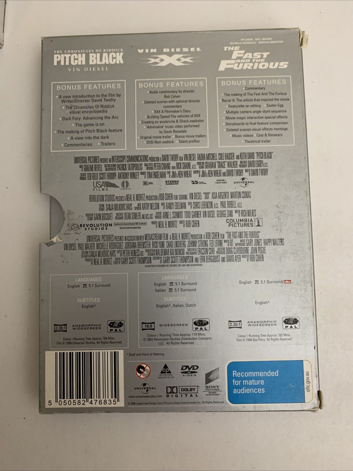 Pitch Black / XXX / Fast And The Furious (DVD, 2000, 3-Disc) Region 4