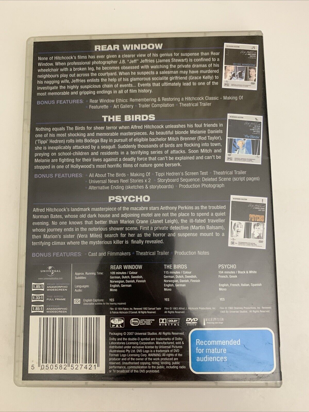 Psycho / The Birds / Rear Window (DVD, 1960) Alfred Hitchcock  Region 4