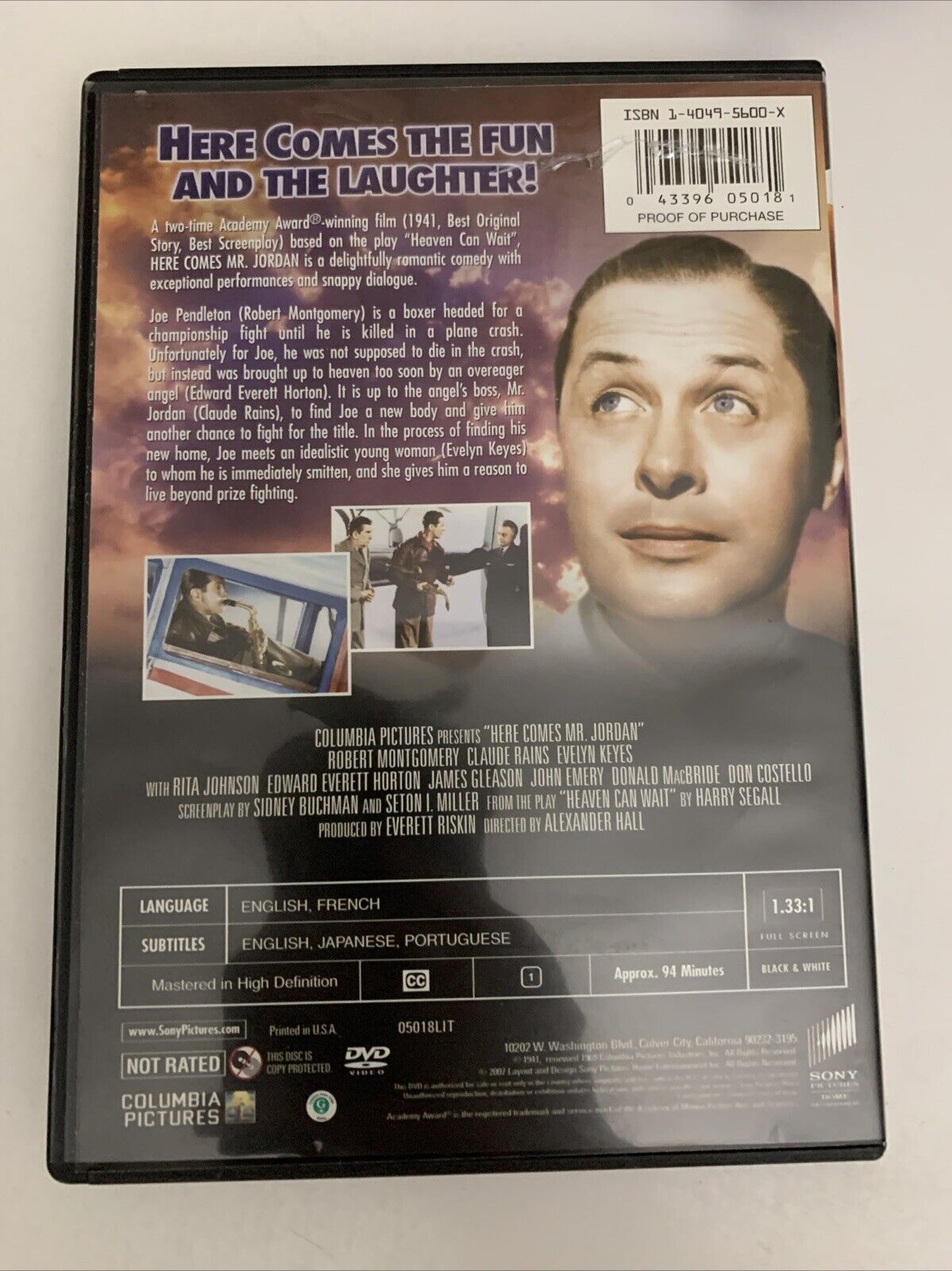 Here Comes Mr. Jordan (DVD, 1941) Robert Montgomery, Claude Rains Region 1