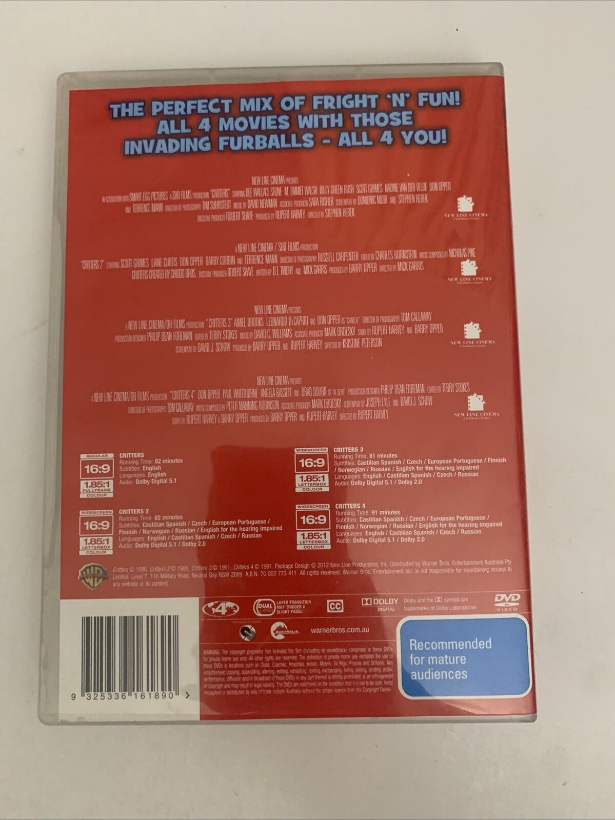 Critters 1-4 Collection (DVD, 2012, 4-Disc Set) Sci-fi Horror  Region 4