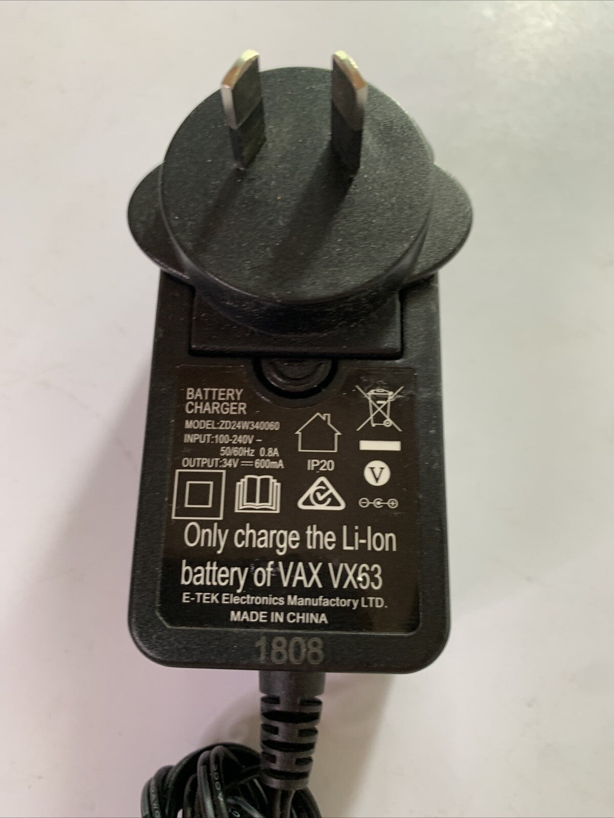 Genuine Vax VX63 Battery Charger Power Supply 34V 600mA AC Adapter