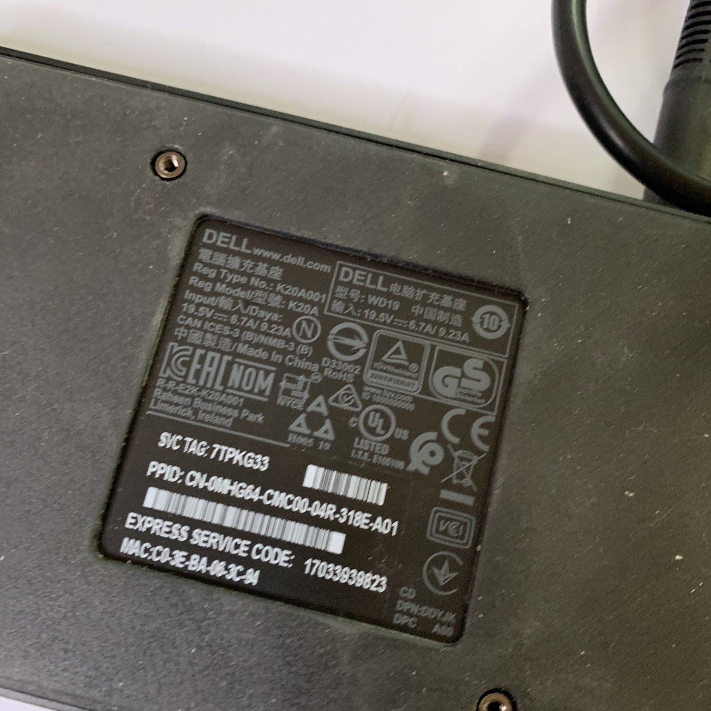Dell WD19 Laptop Docking Station 180W & Power Supply LA180PM180 19.5V 9.23A