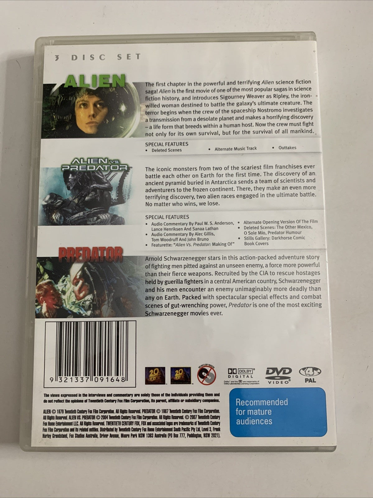 Alien / Alien Vs Predator/ Predator (DVD) 3-Disc Arnold Schwarzenegger