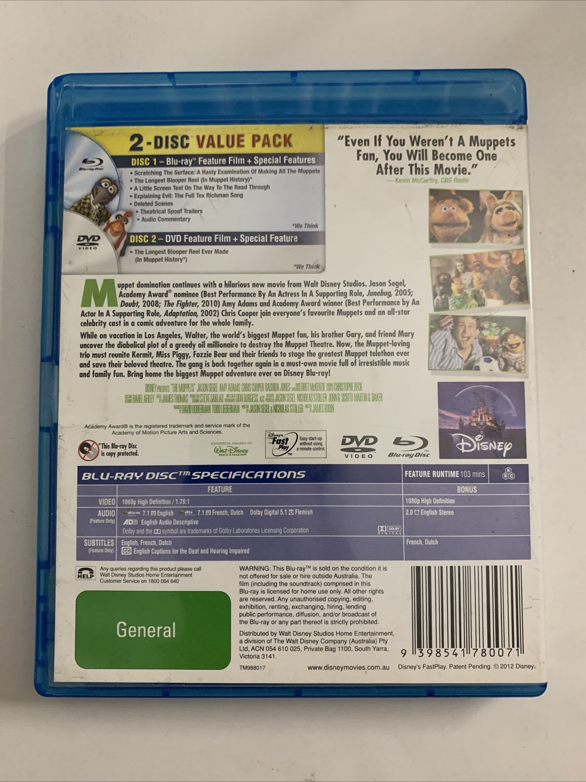 The Muppets (Blu-ray + DVD, 2011) Amy Adams Disney Film Region B &4