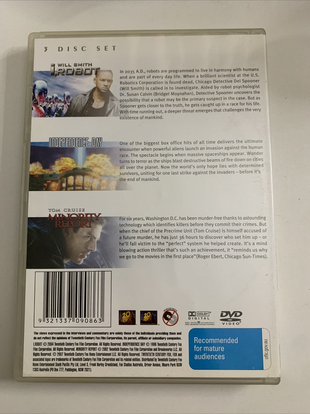 I Robot / Independence Day / Minority Report (DVD) 3-Disc Set Region 4