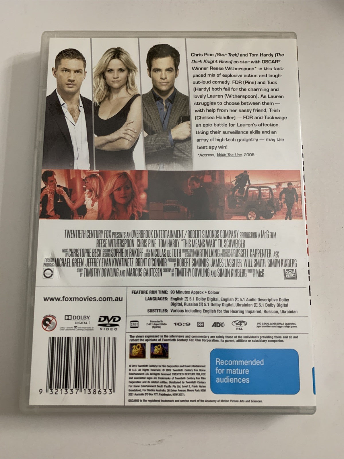 This Means War (DVD, 2012) Reese Witherspoon, Chris Pine, Tom Hardy Region 4