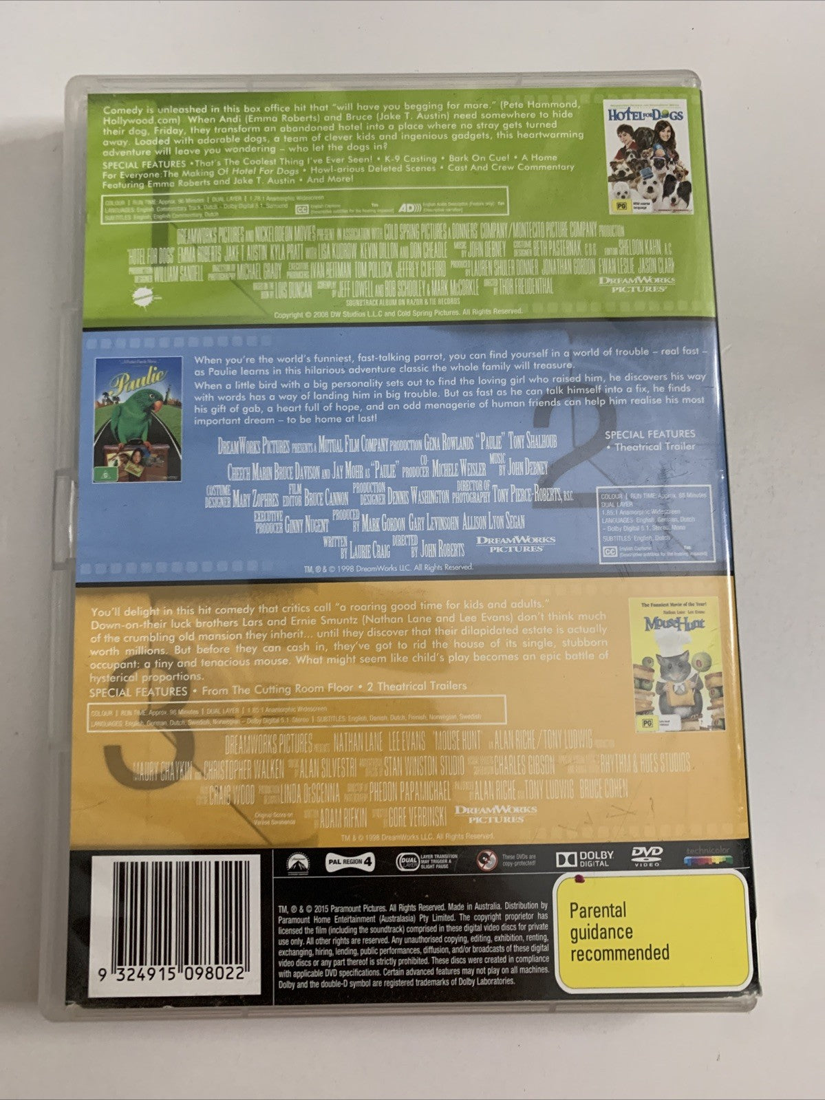 Hotel For Dogs / Paulie / Mouse Hunt (DVD, 2015) Region 4