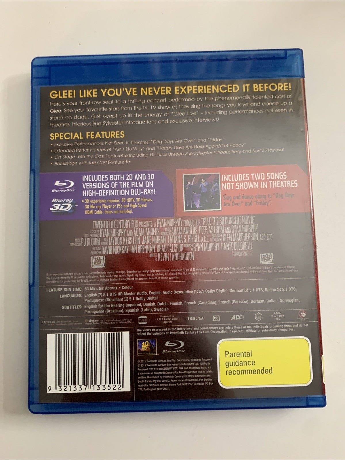 Glee The 3D Concert (Blu-ray, 2011) Region B