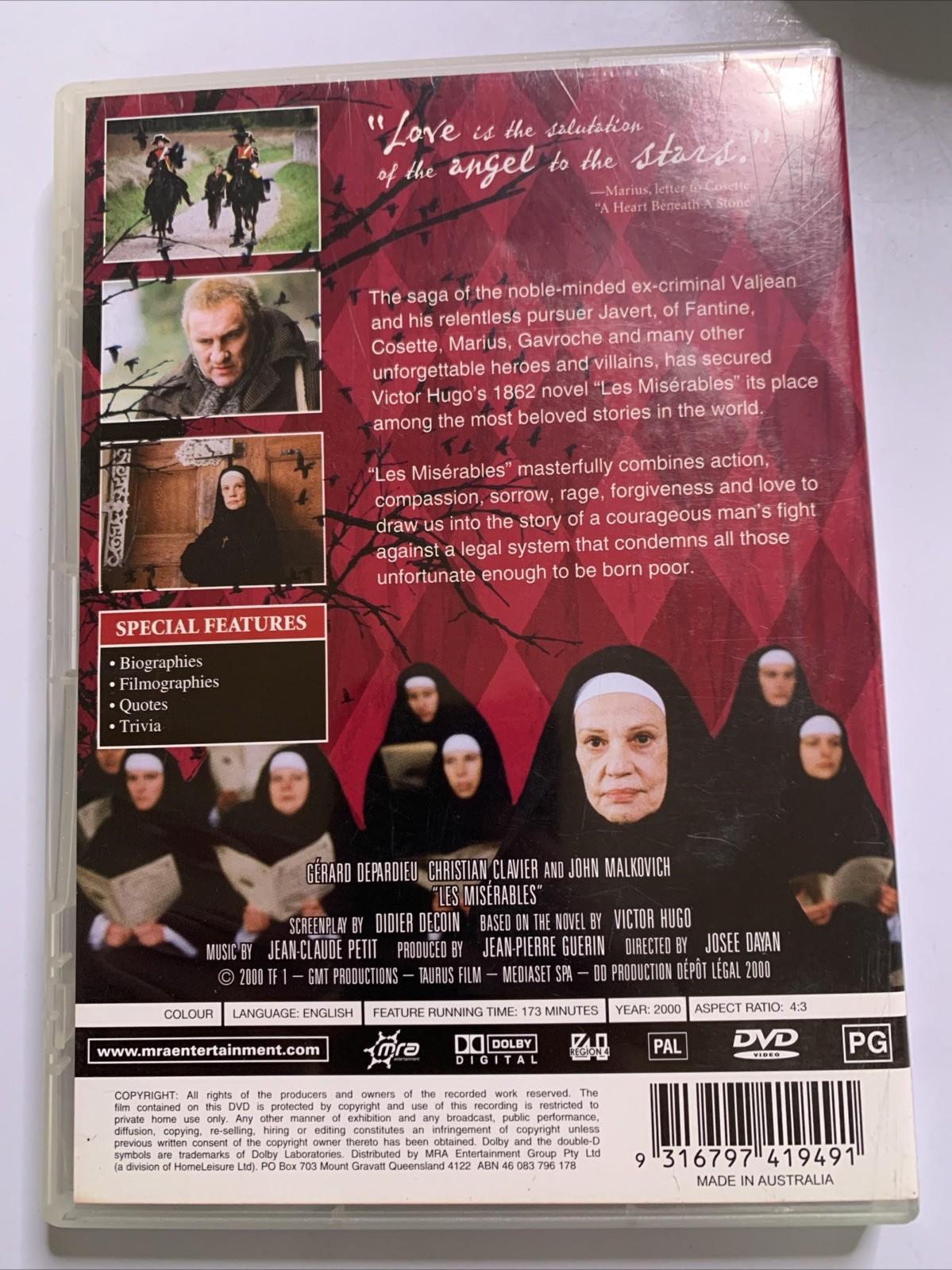 Les Miserables (DVD, 2000) John Malkovich, Gerard Depardieu Region 4