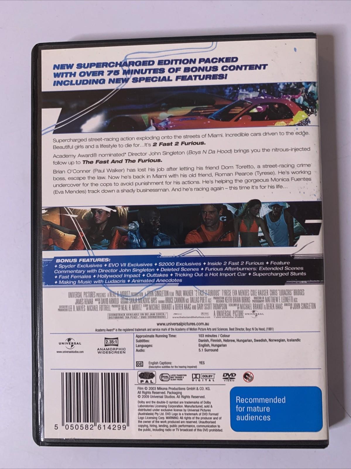 2 Fast 2 Furious Supercharged Edition (DVD, 2003) Paul Walker Region 4