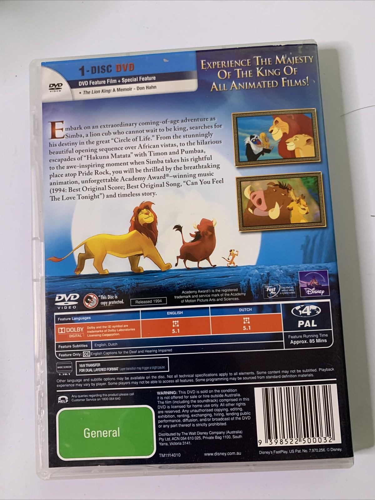 The Lion King (DVD, 1994) Animation Film Disney Region 4