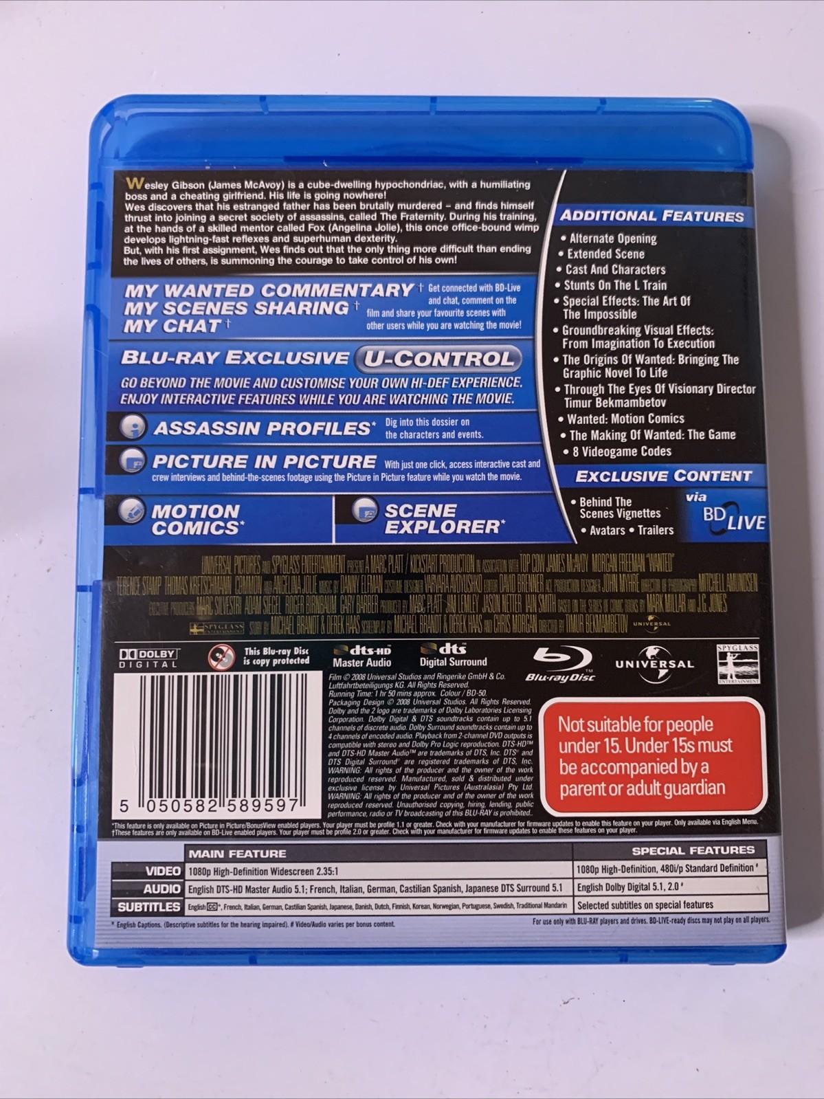 Wanted (Blu-ray, 2008) Angelina Jolie, James McAvoy, Morgan Freeman Region B