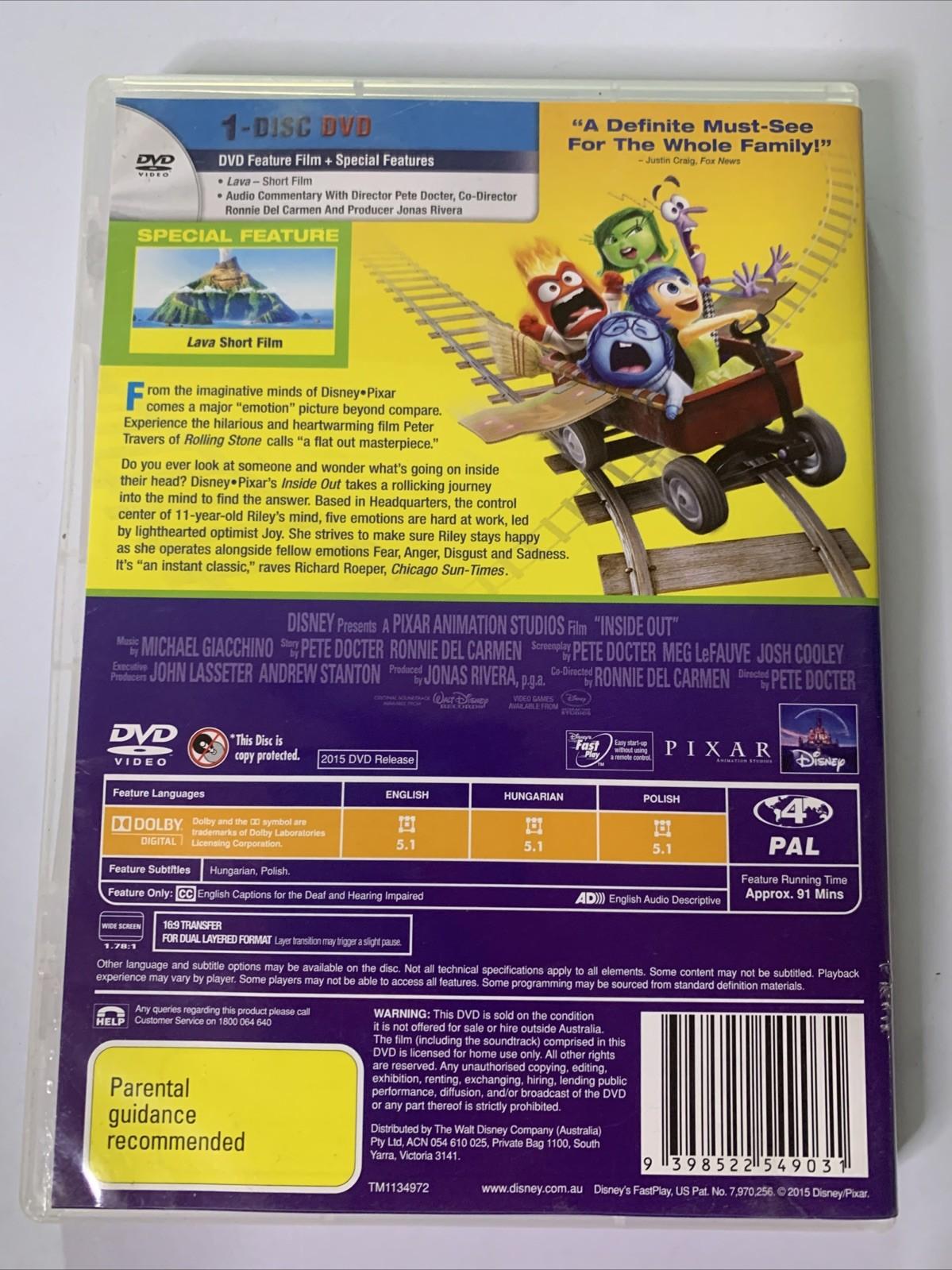 Inside Out (DVD, 2015) Pixar Disney Animated Film Region 4
