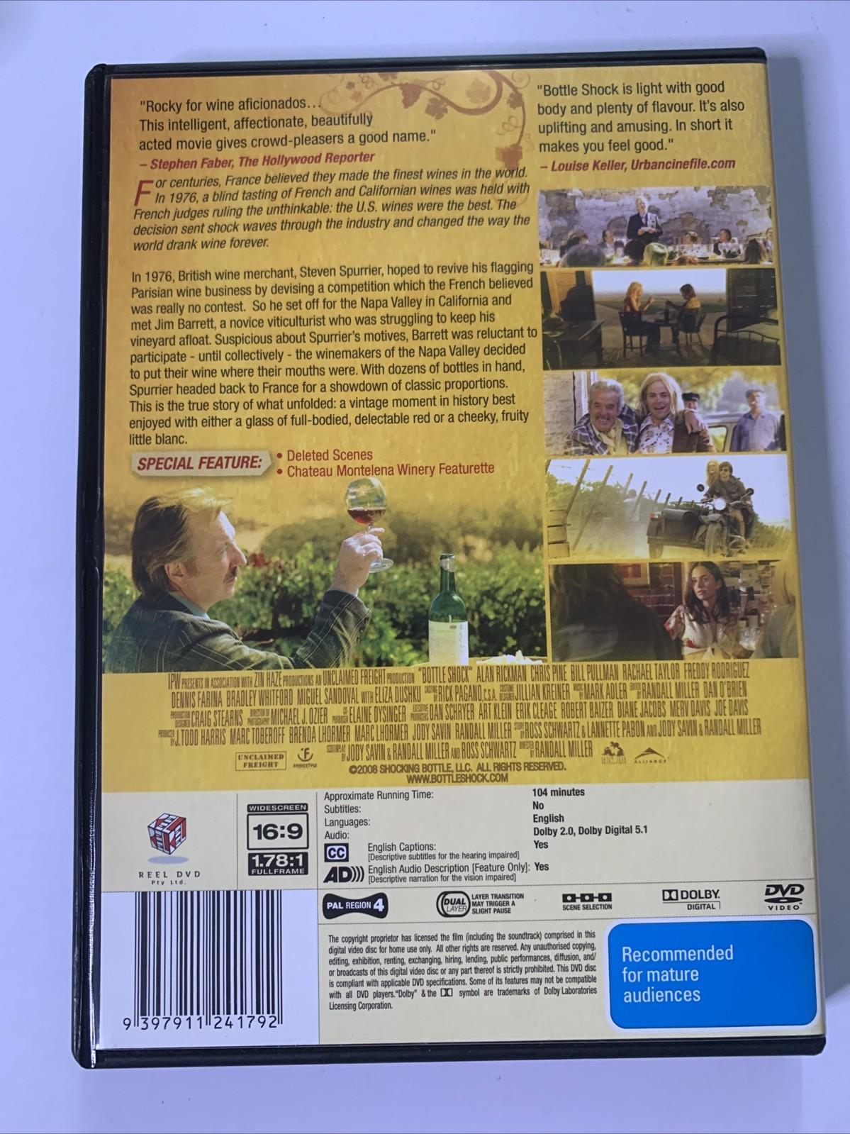 Bottle Shock (DVD, 2008) Bill Pullman, Alan Rickman, Rachel Taylor Region 4