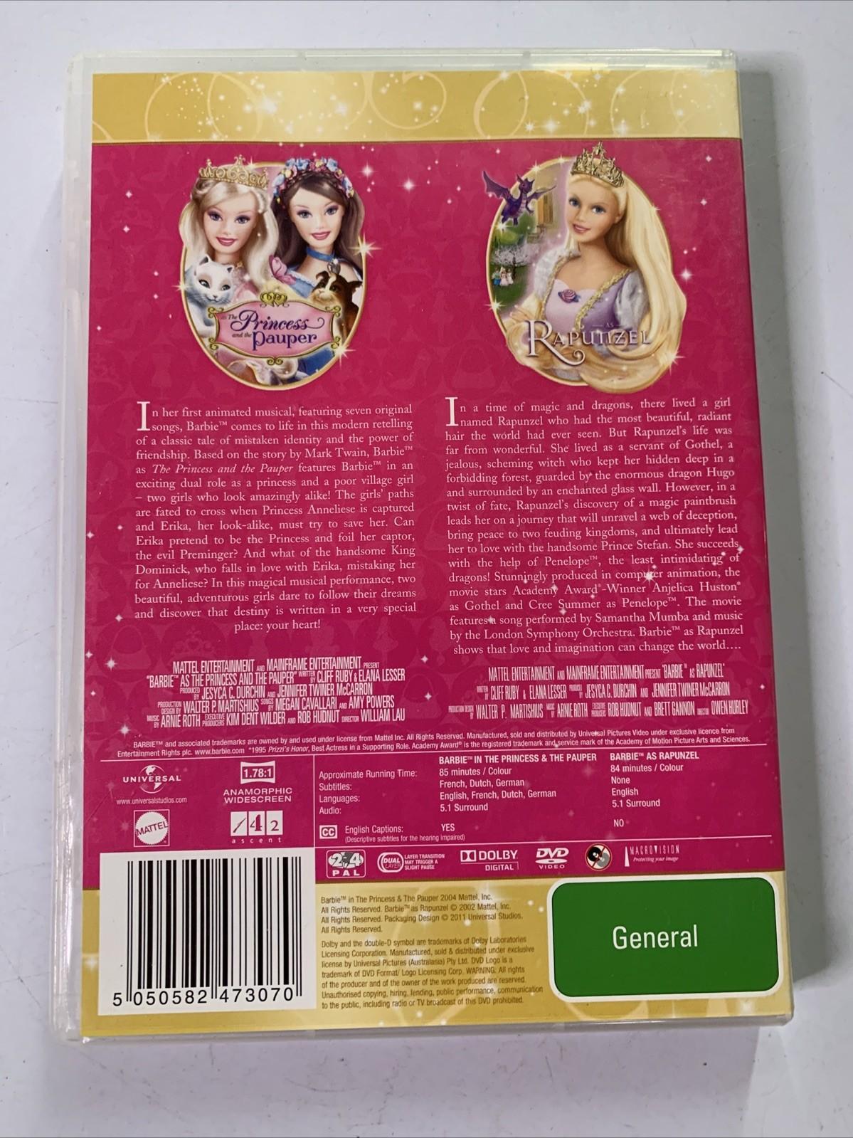 Barbie: The Princess And The Pauper & Rapunzel (DVD, 2004, 2-Discs) Region 4 &2
