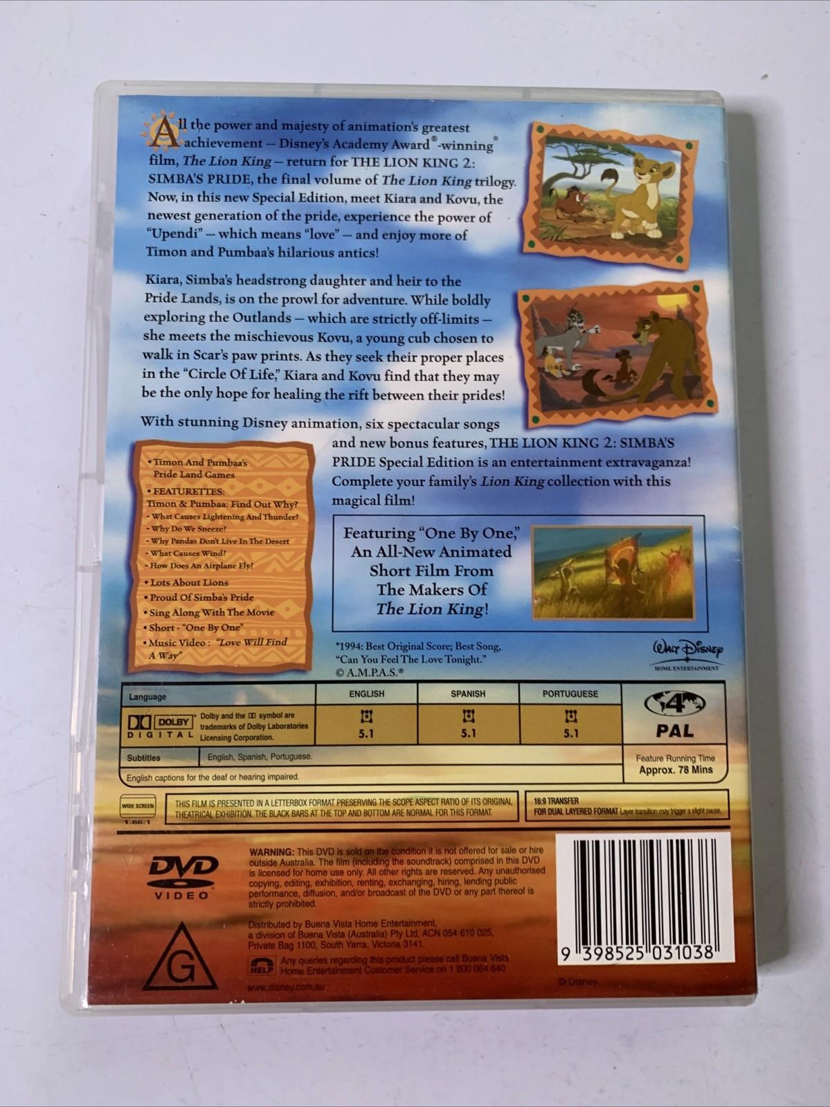 The Lion King 2: Simba's Pride (DVD, 1998) Disney Animated Film Region 4