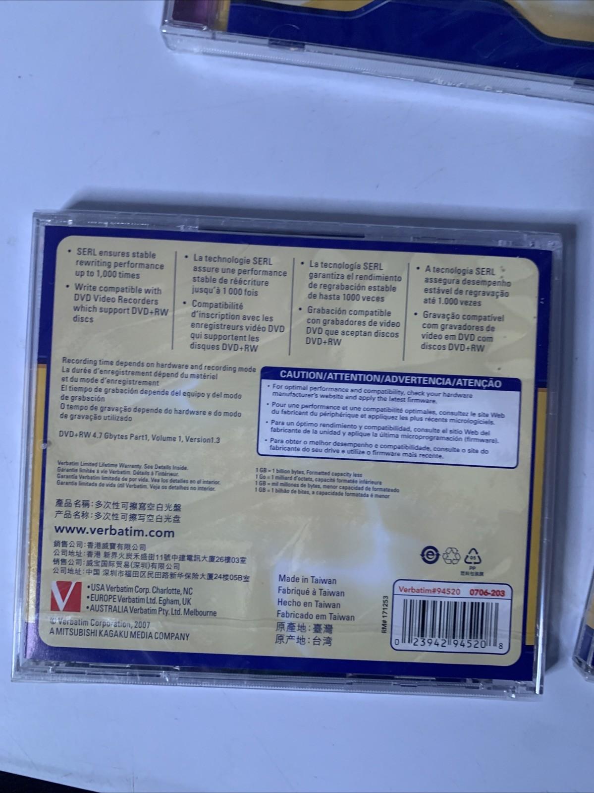 4x Verbatim DVD+RW 4.7GB Blank Media NEW Sealed