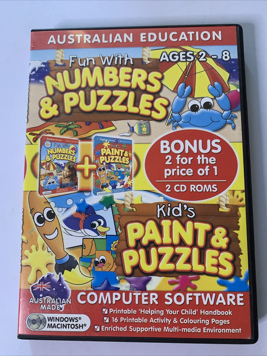 Fun With Numbers & Puzzles + Kid's Paint & Puzzles PC CD-ROM WIndows MAC 2-Discs