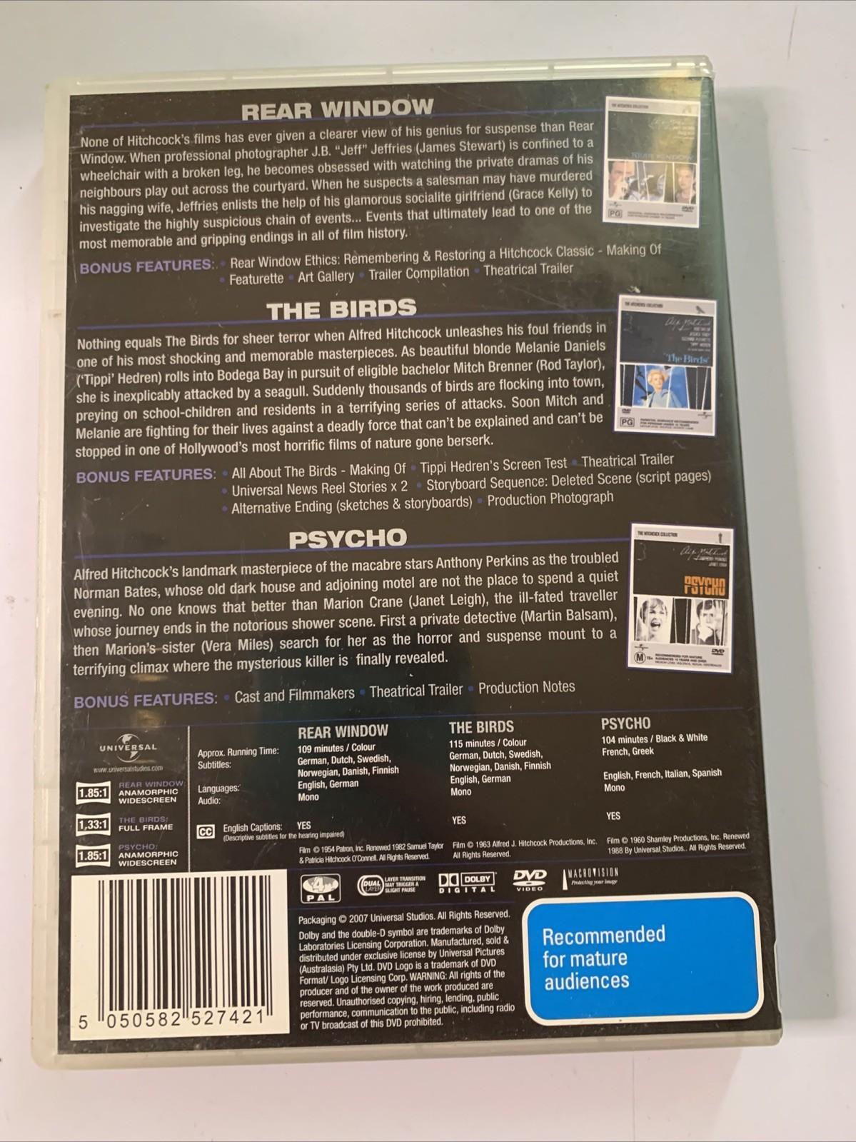 Psycho / The Birds / Rear Window (DVD, 1960, 3-Discs) Alfred Hitchcock Region 4