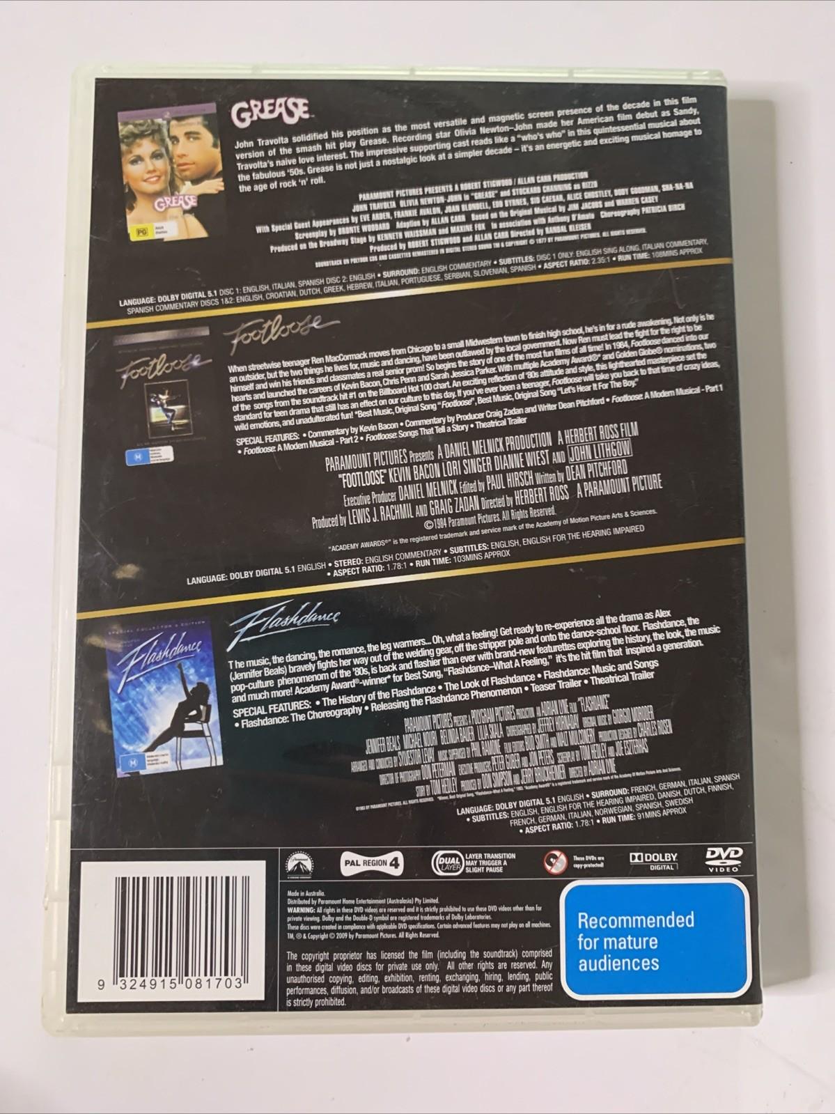 Grease / Footloose / Flashdance (DVD, 1978, 3-Discs) Region 4