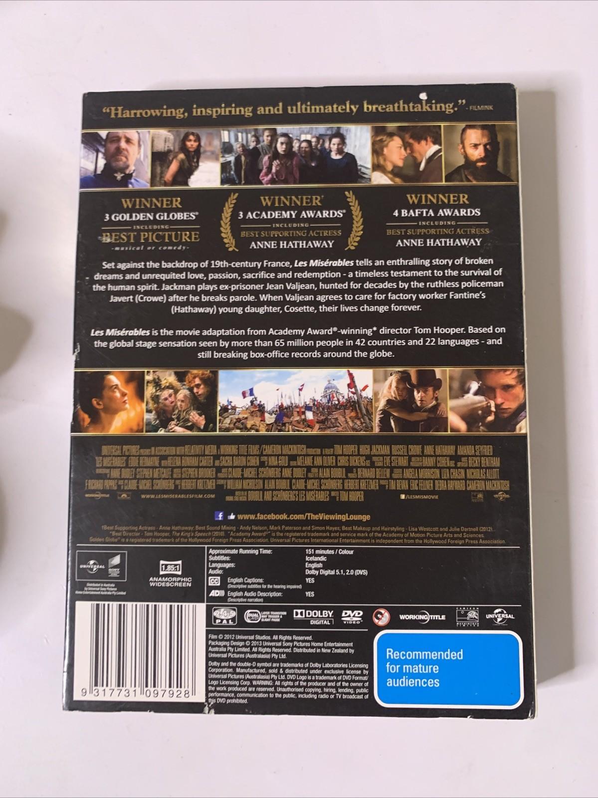 Les Miserables (DVD, 2012) Russell Crowe, Anne Hathaway, Hugh Jackman Region 4