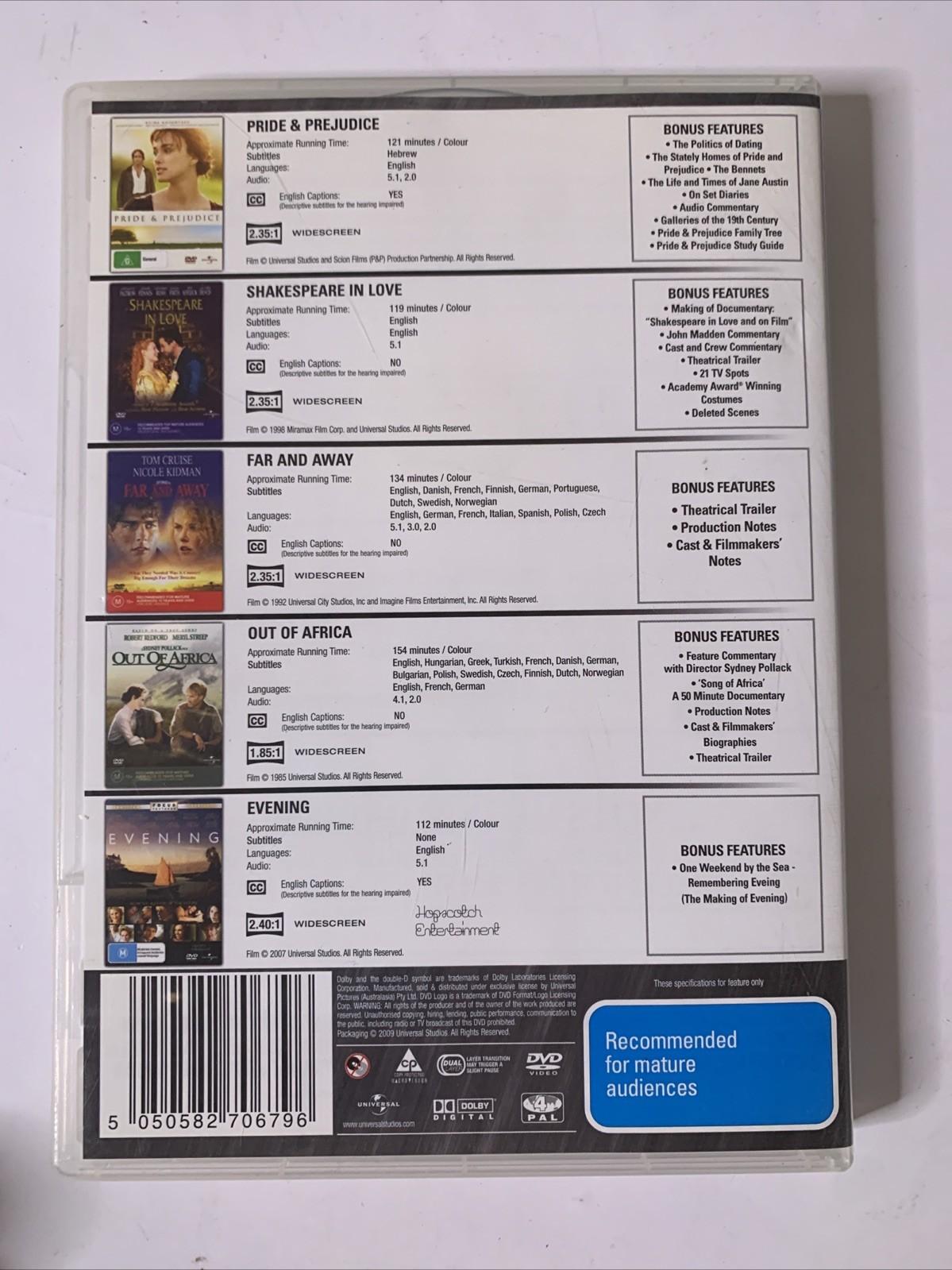 Pride Prejudice/ Shakespeare In Love / Far & Away / Out of Africa / Evening DVD