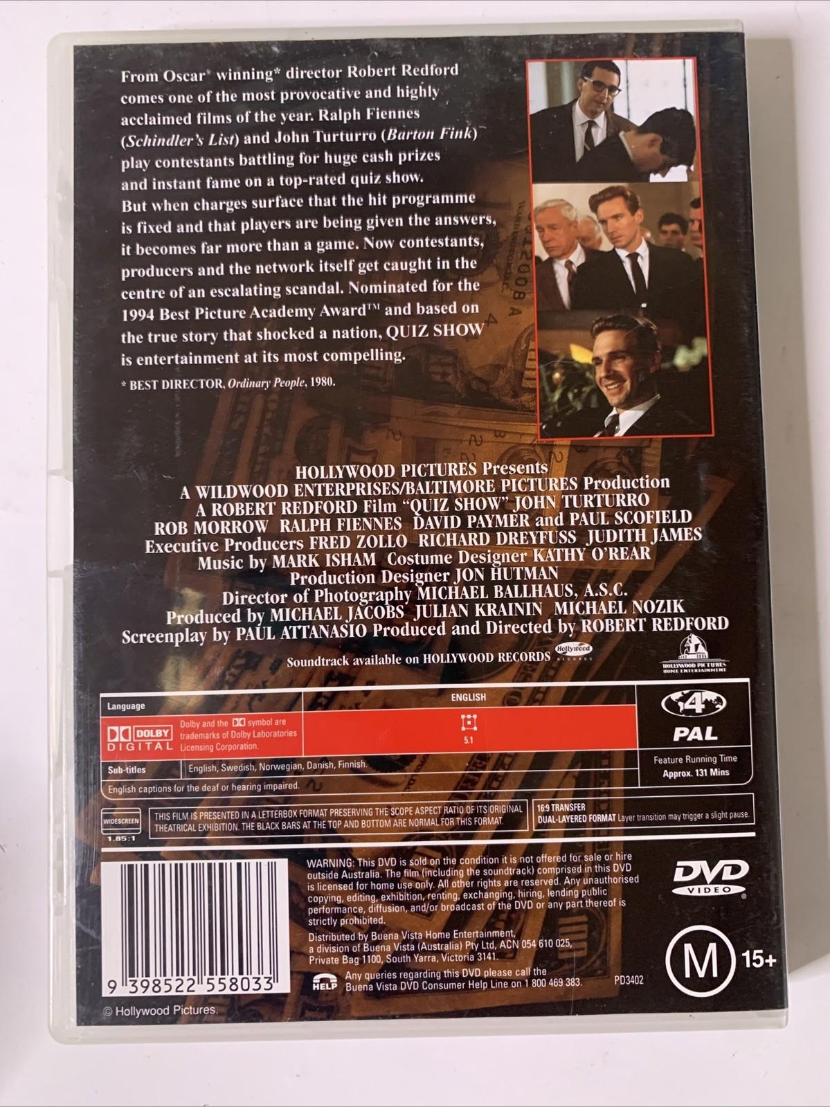 Quiz Show (DVD, 1994) John Turturro, Robert Redford, Ralph Fiennes Region 4