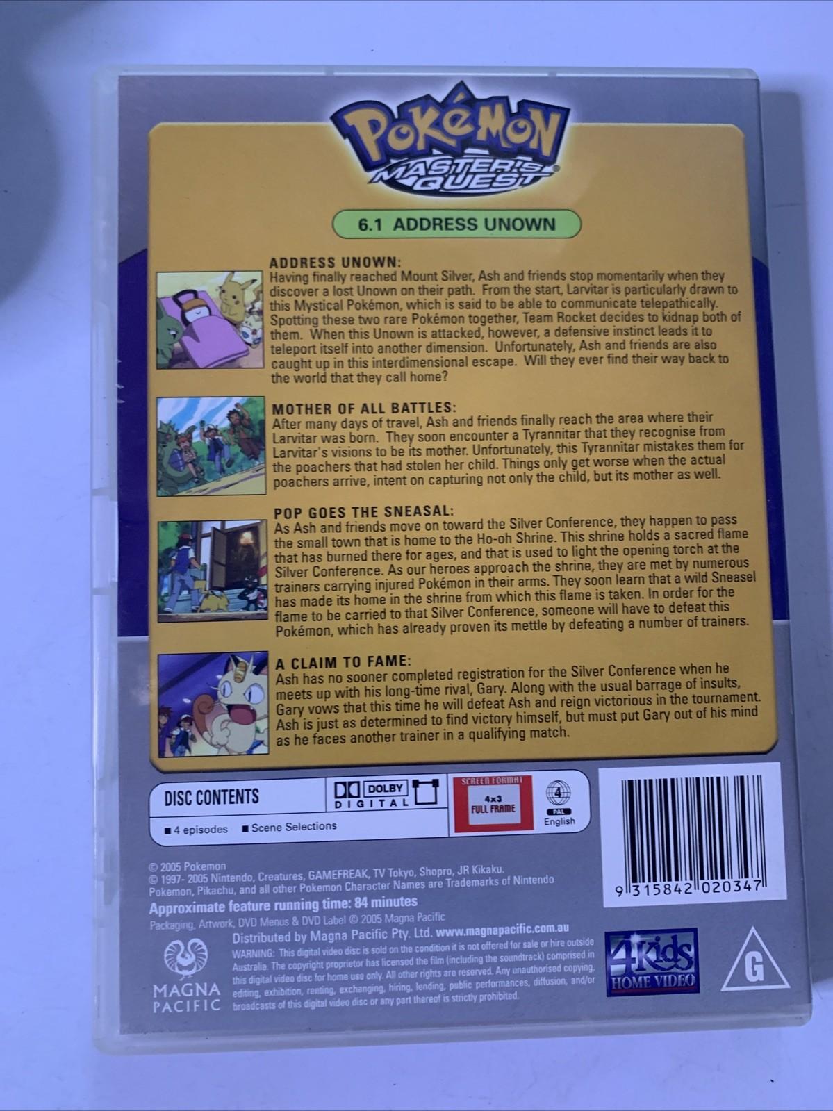 Pokemon Master's Quest: Address Unknown 6.1 (DVD, 2003) Anime Region 4