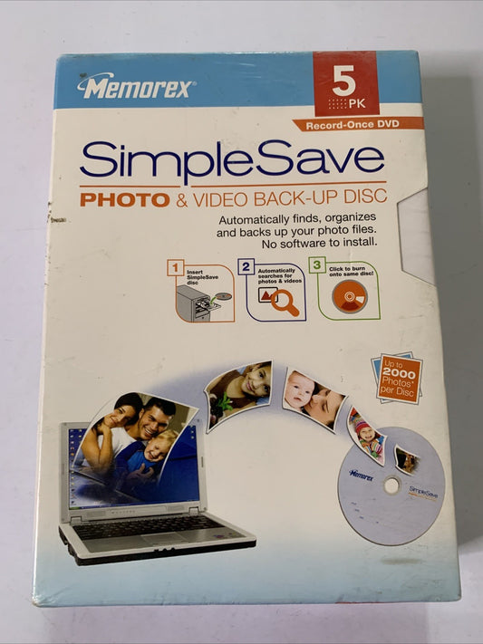 Memorex Simple Save Photo & Video DVD Disc Backup 5 Pack NEW Sealed