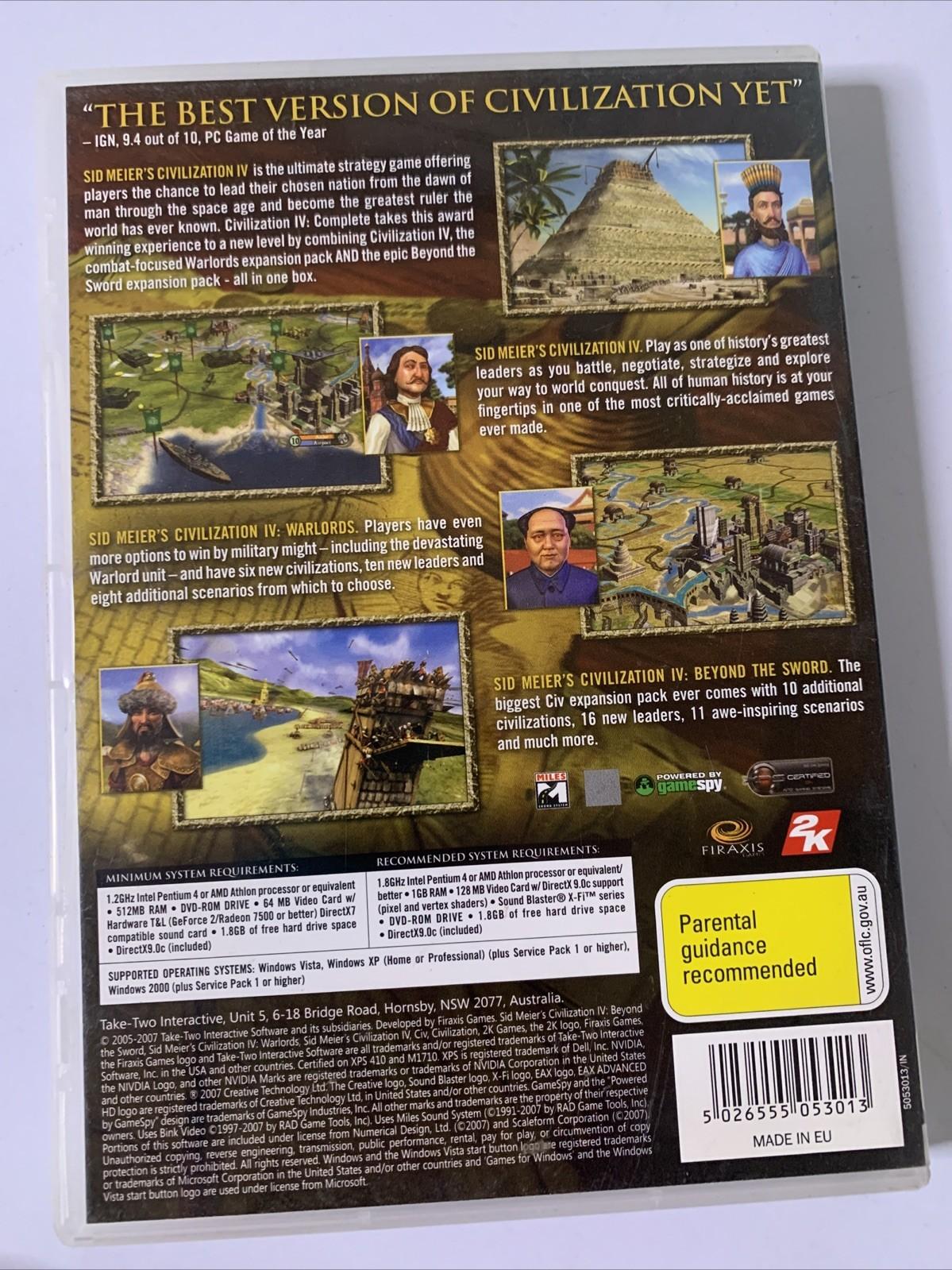 Sid Meier's Civilization IV 4 Complete Edition PC DVD ROM Windows 2008 Game