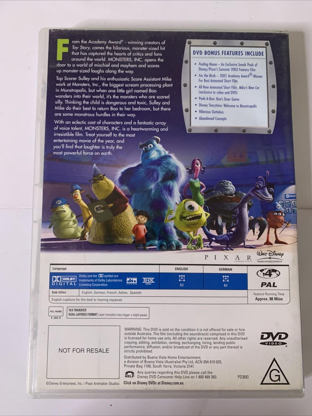 Monsters, Inc. (DVD, 2001) Pixar Animation Disney Film Region 4