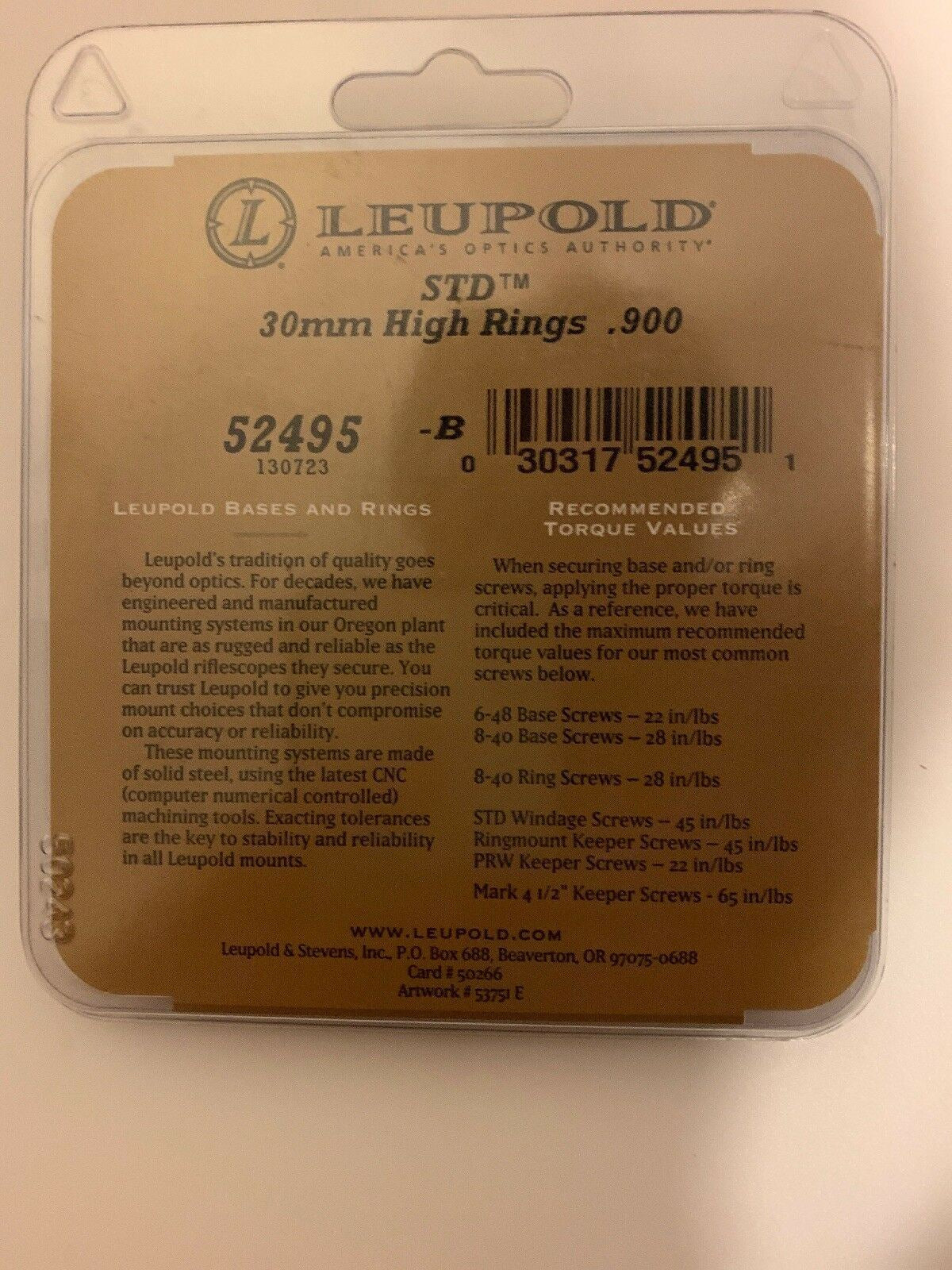 Leupold STD 30mm High Rings .900 52495 Silver Torx Wrench And Screws
