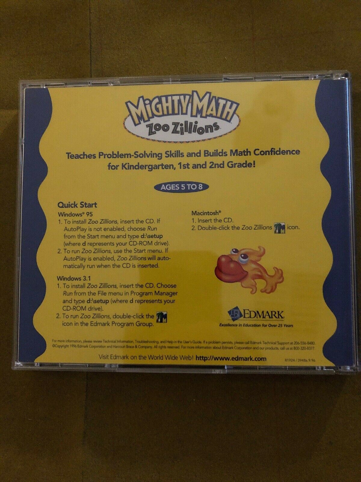 Mighty Math Zoo Zillions 1996 PC CDROM Apple Macintosh Windows 95/3.1