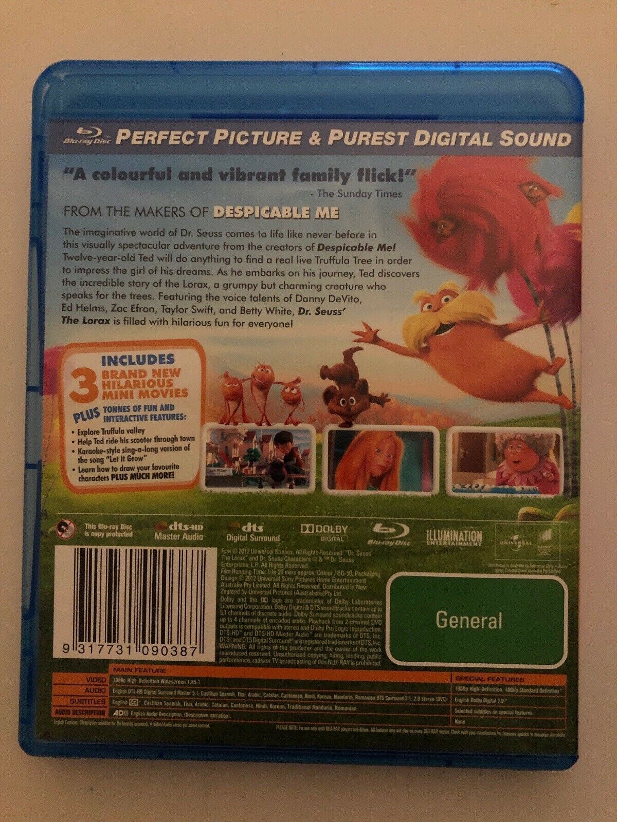 Dr. Seuss The Lorax (Blu-ray, 2012) with 3 bonus mini movies Family. Region B
