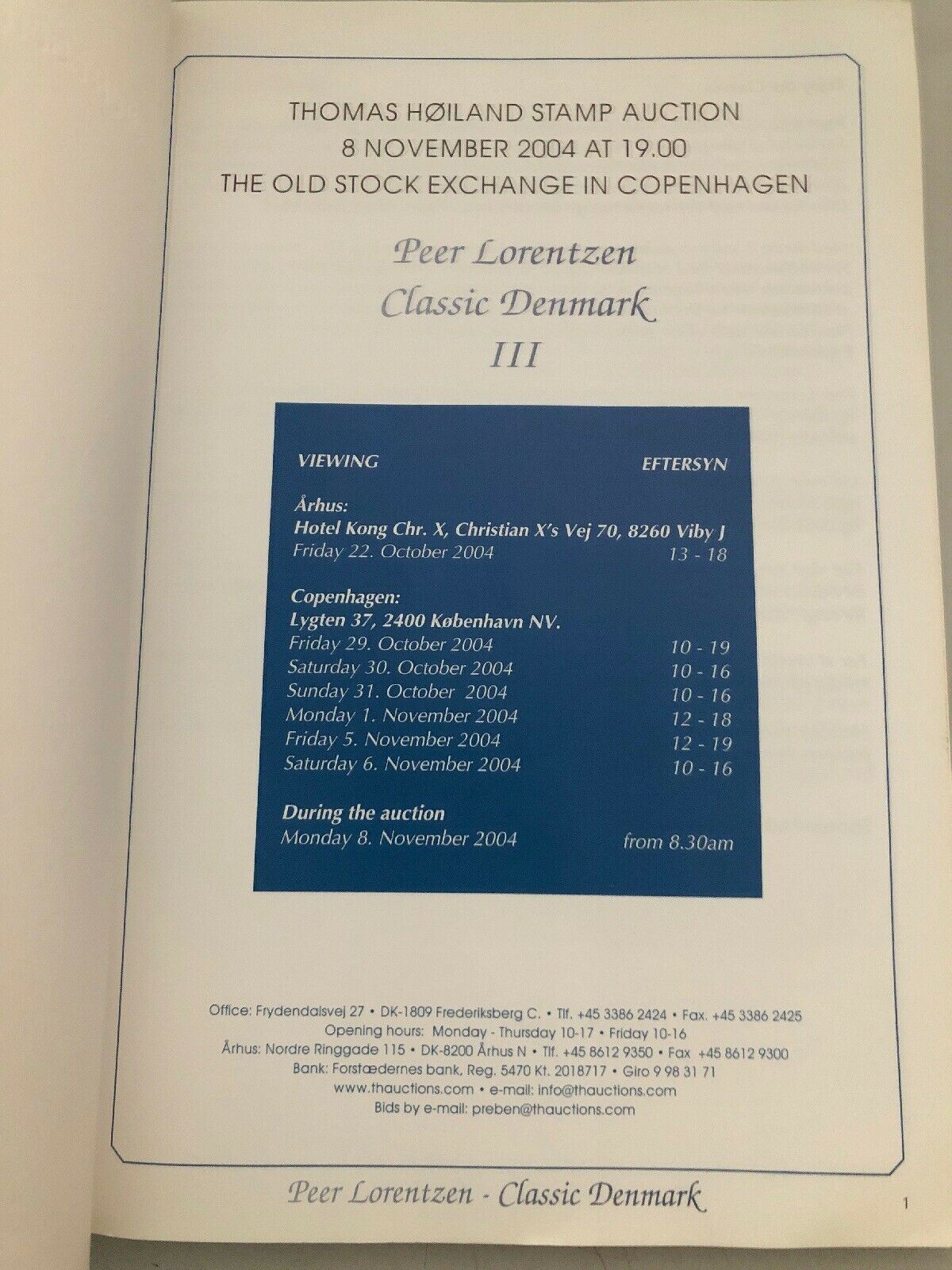 Thomas Hoiland Auction Catalogue 2004 Classic Denmark Iii 'Lorentzen'  Collection