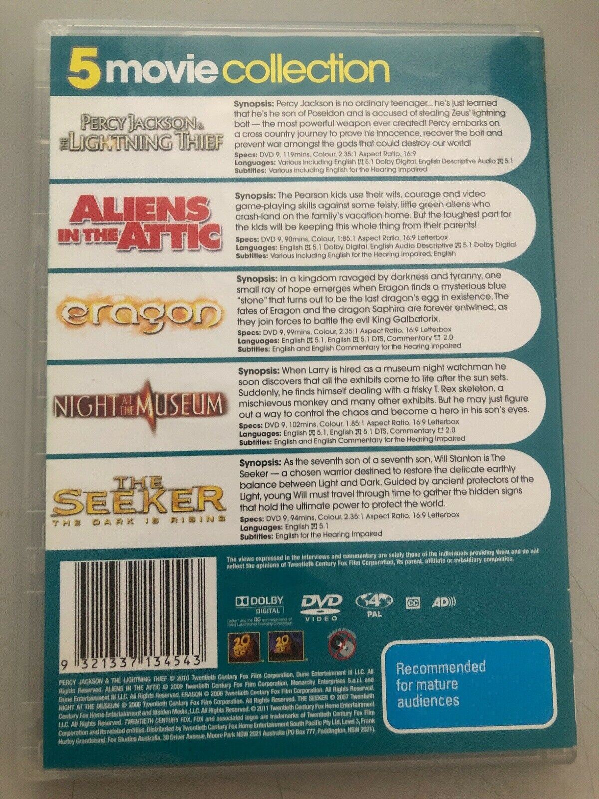 5 DVD:Night at the Museum, Aliens in the Attic, The seeker, Eragon, Lightning Th