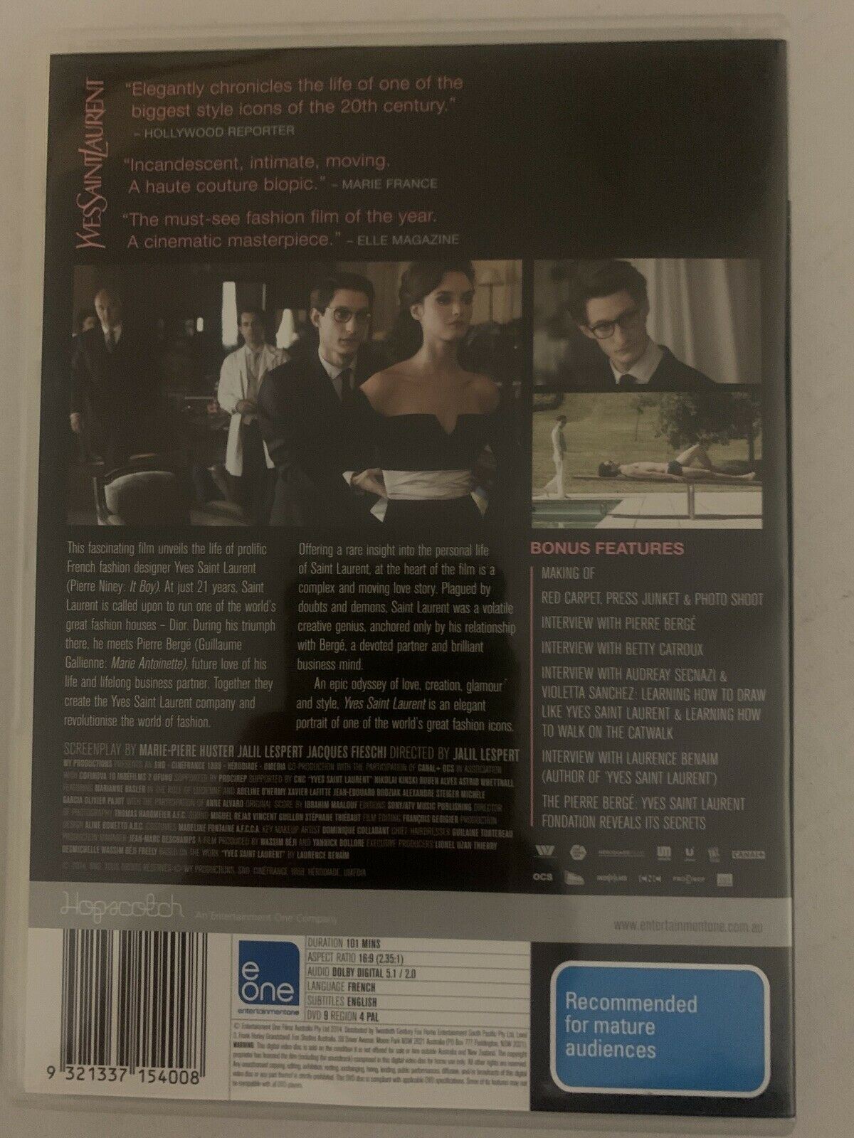 Yves Saint Laurent (DVD, 2014) Pierre Niney, Guillaume Gallienne. Region 4