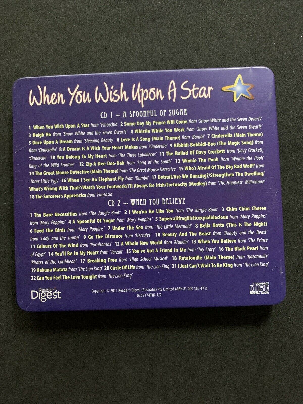 Readers Digest DISNEY When You Wish Upon A Star x2 CD's in Tin Case