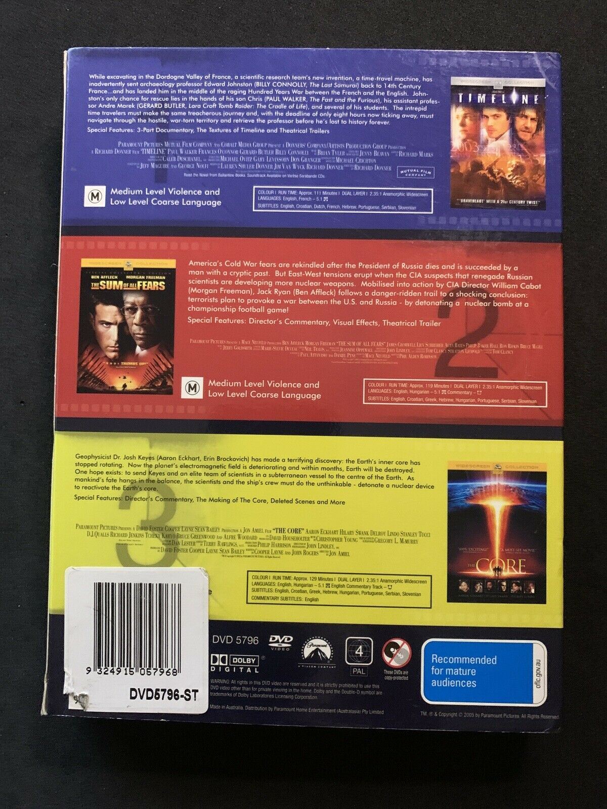 Timeline / The Sum Of All Fears / The Core Triple Pack - 3x DVD Region 4