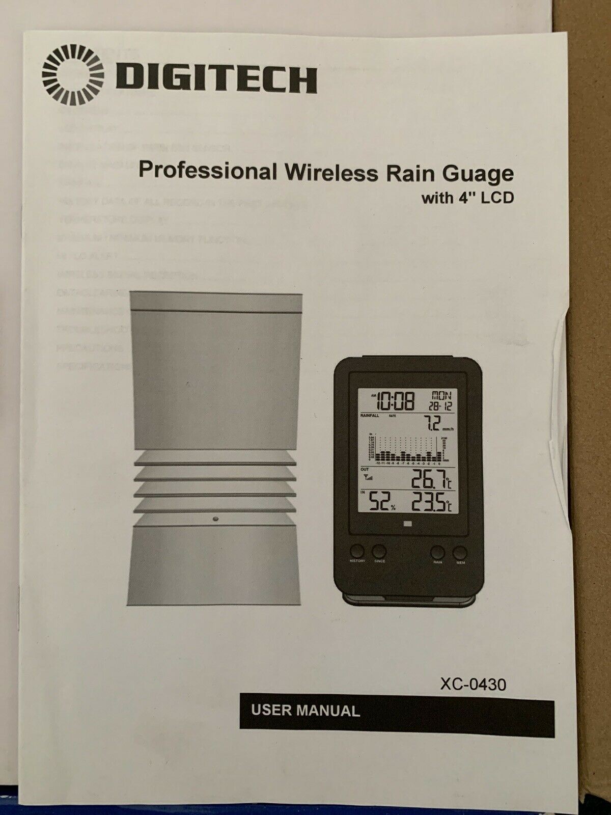 DIGITECH Professional Wireless Rain Gauge with 4" display/Measures temperature