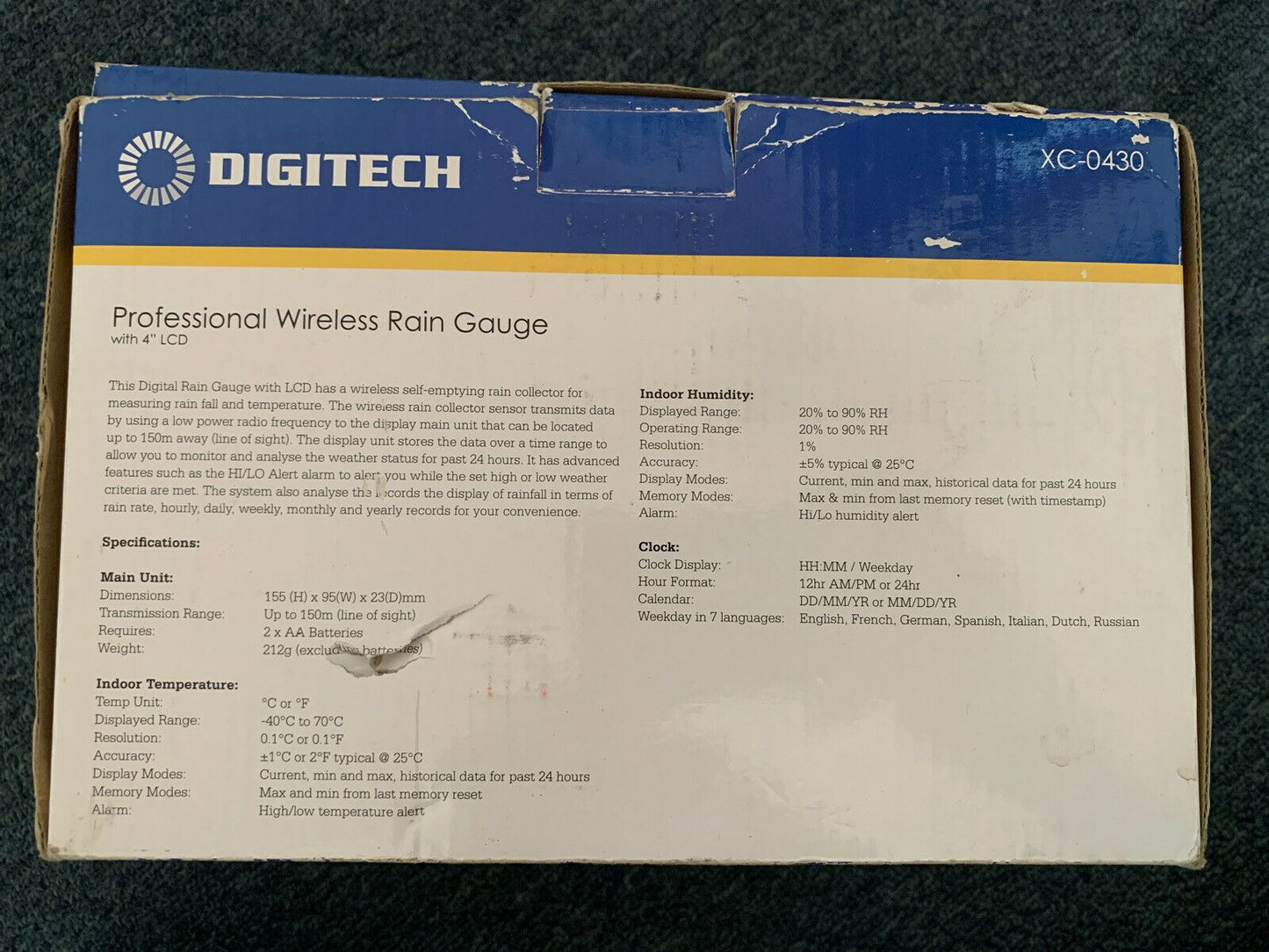 DIGITECH Professional Wireless Rain Gauge with 4" display/Measures temperature