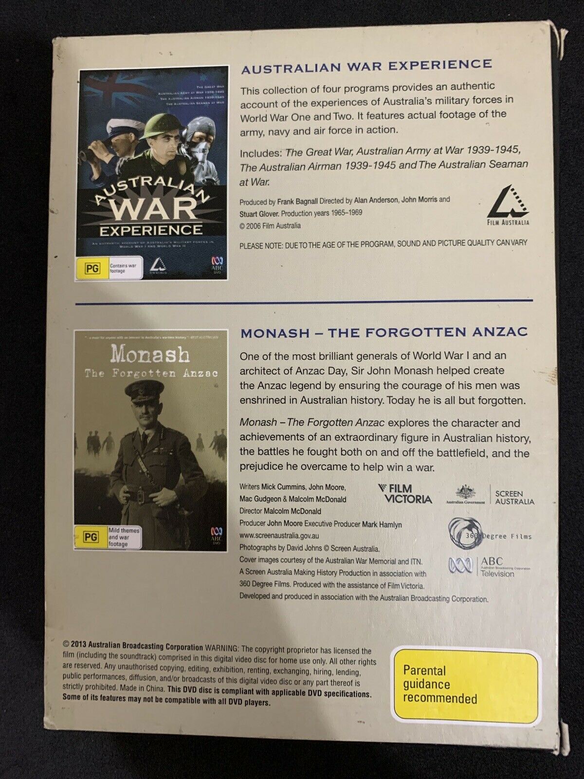 Australian War Experience + Monash - The Forgotten Anzac - 2 DVD SET Region 4