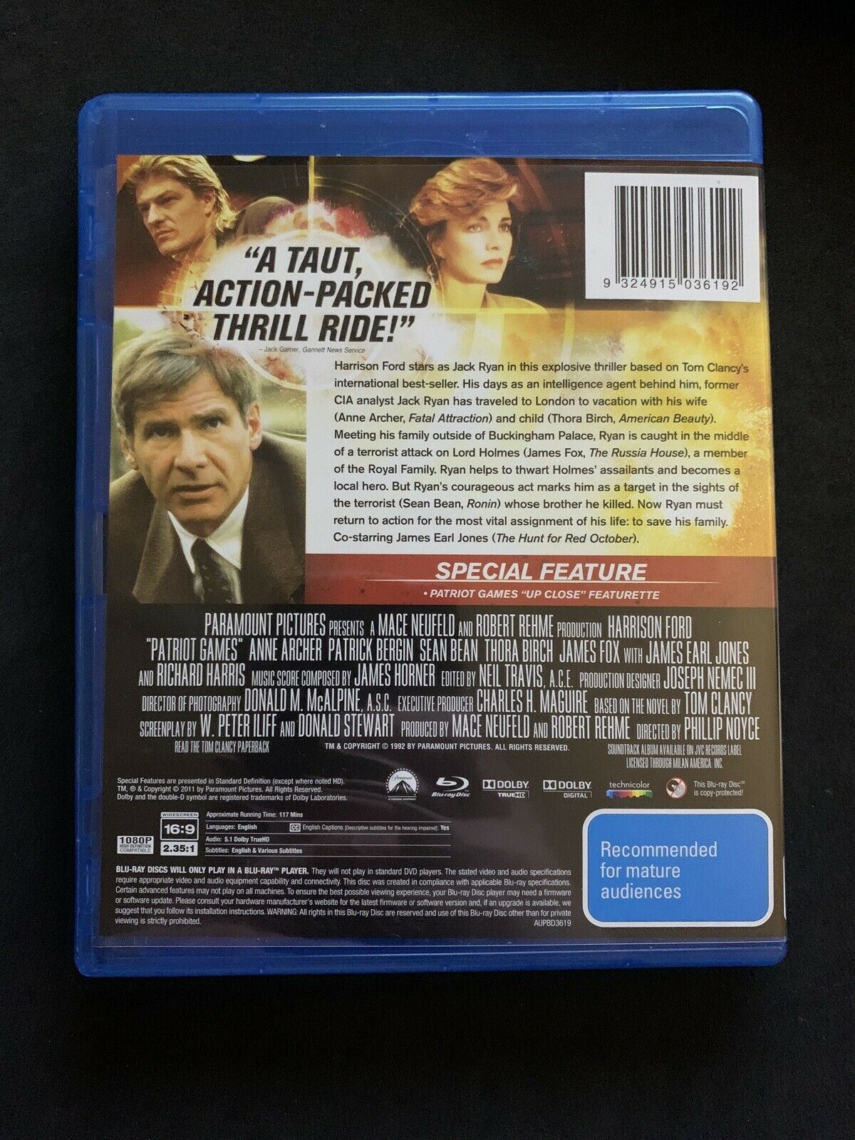 Patriot Games (Blu-ray, 1992) Harrison Ford, Sean Bean