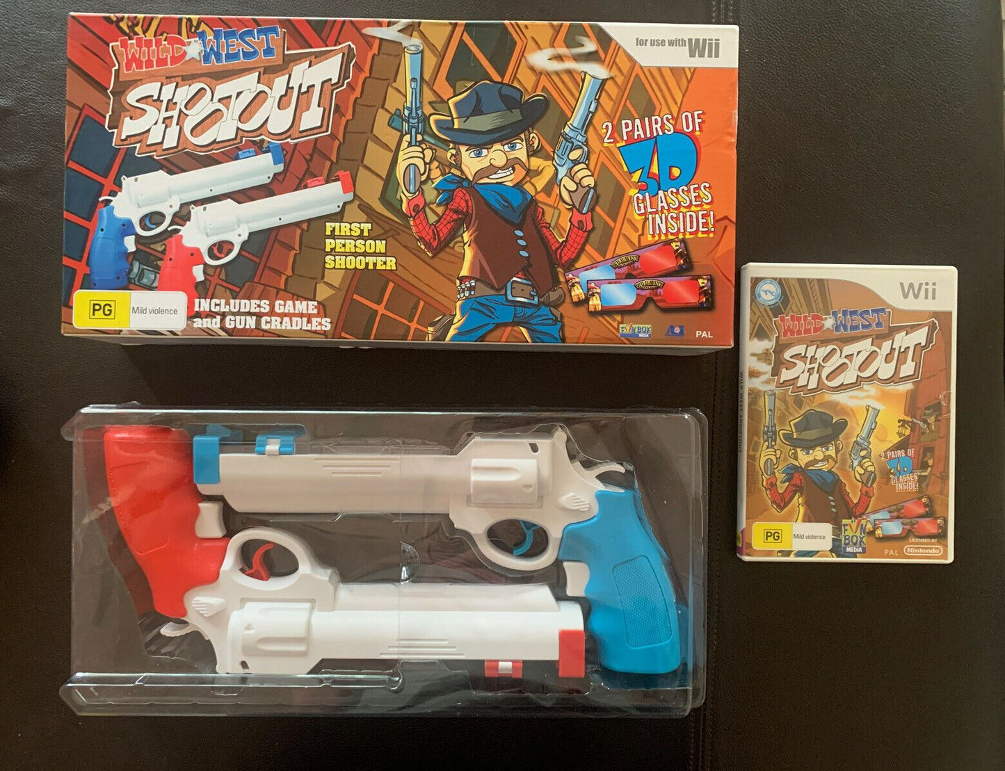 Wild West Shootout Gun Blasters Bundle - Nintendo Wii PAL 2 Guns, Game 3d Glass