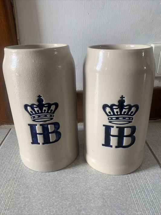 2x Vintage HB Hofbrauhaus 1L Beer Stein Mug 7.25" Tall HB
