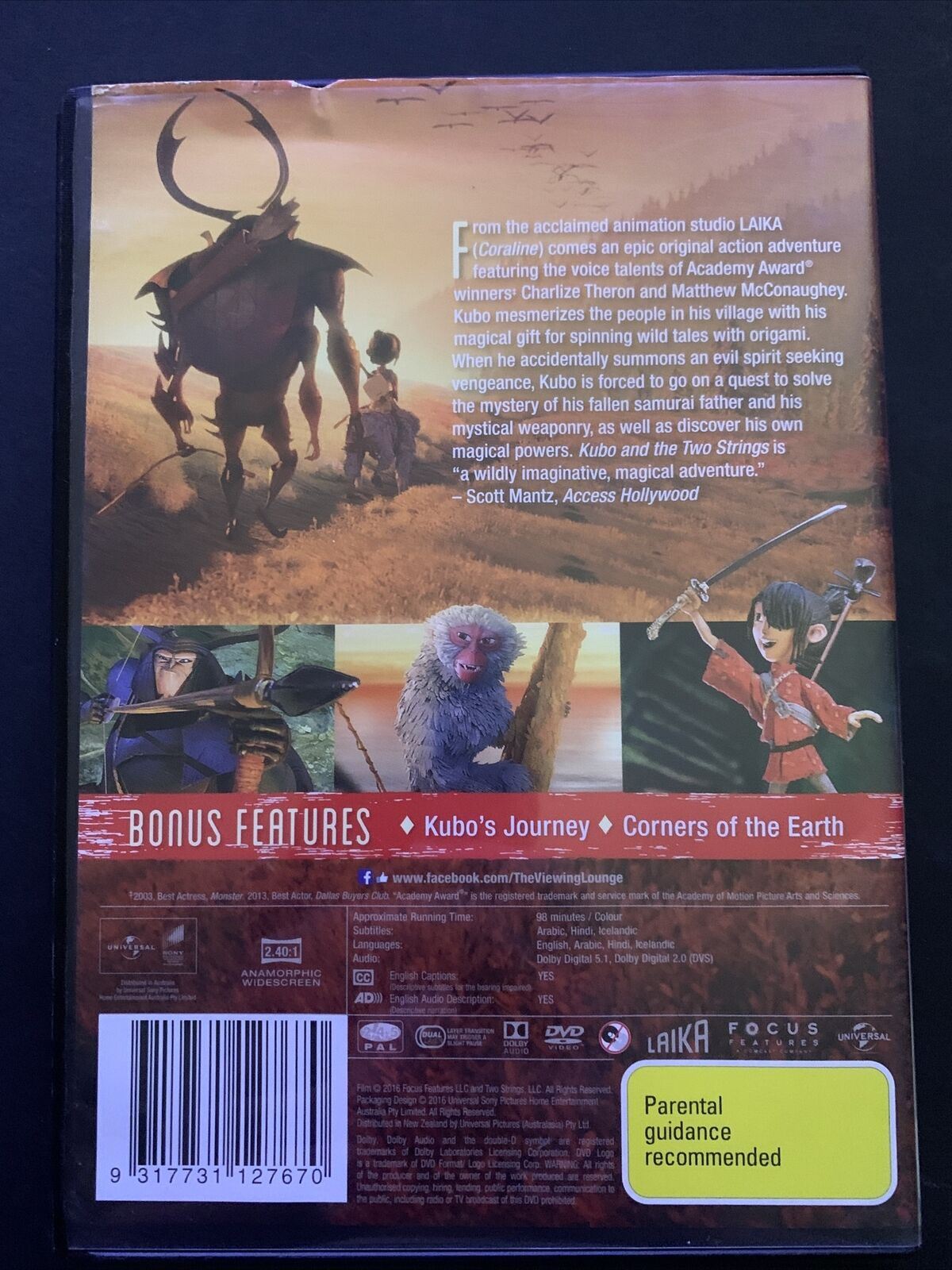 Kubo And The Two Strings (DVD, 2016) Charlize Theron, Art Parkinson. Region 4&2