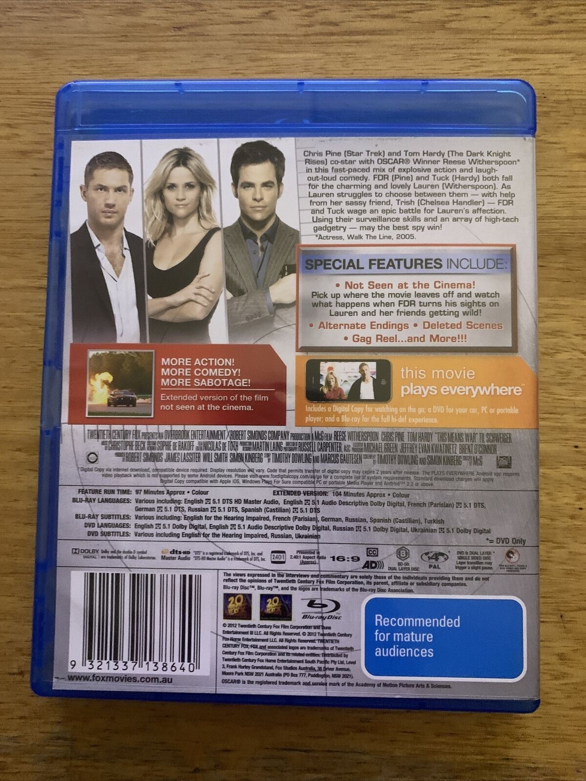 This Means War (Bluray, 2012) Reese Witherspoon, Chris Pine, Tom Hardy. Region B